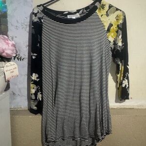 DownEast Black and White Striped Top with Floral Sleeves